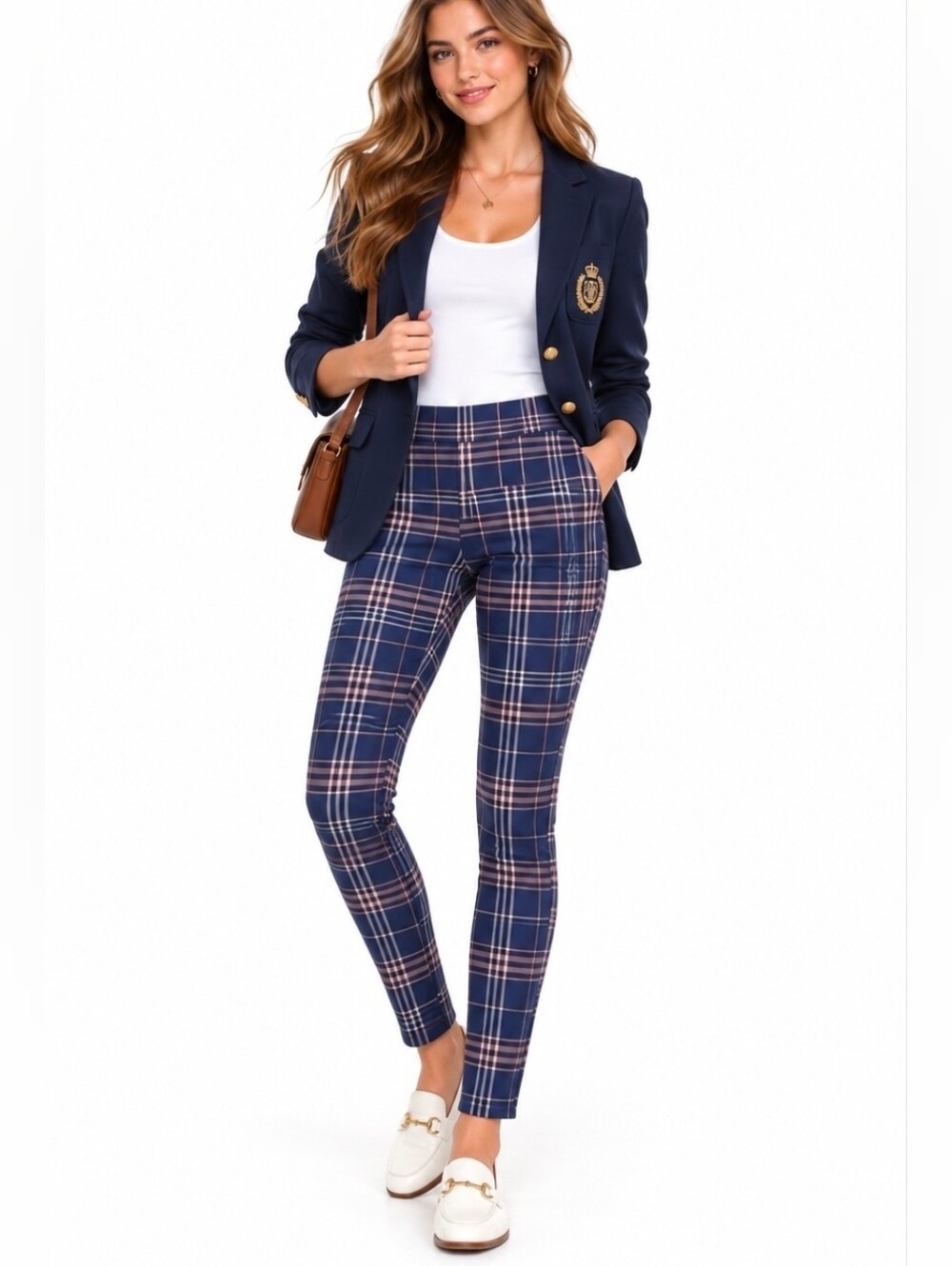 Style & Co Plaid Navy White Tan Leggings Size Small S Pull On